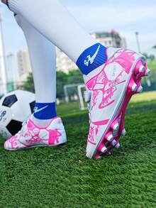 Zapatos de fútbol para todo el año, estilo campus, zapatos de entrenamiento de fútbol, zapatos de partido de fútbol, parte superior con patrón de camuflaje asimétrico, cierre de conveniente (algunos con puntos rojos en las suelas blancas) - Rosa - Ver 6