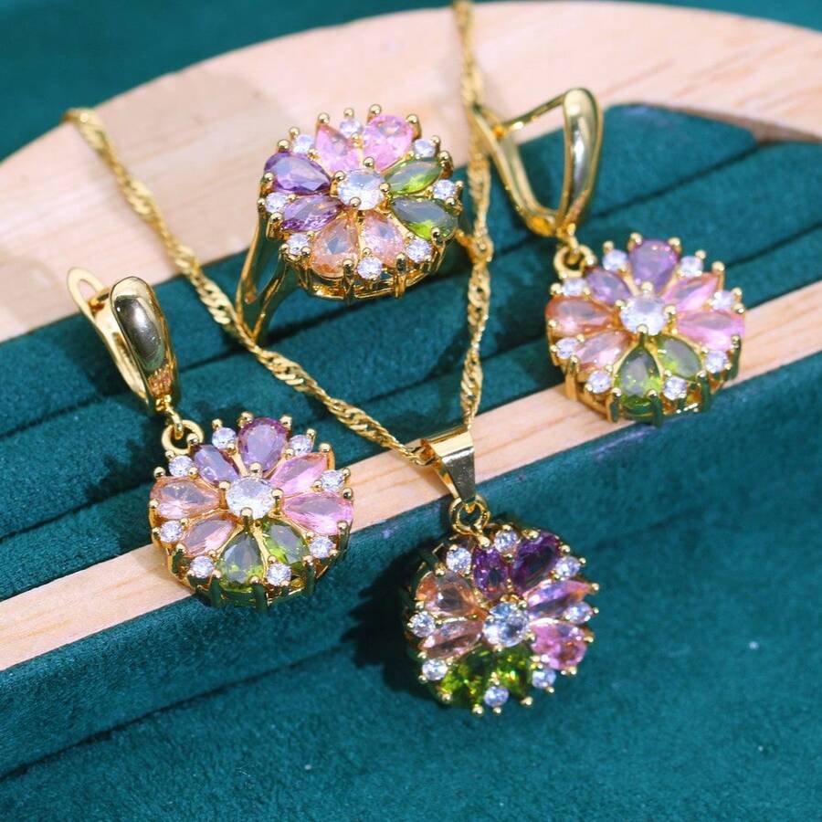 优雅多色立方氧化锆项链耳环套装 - 18K镀金 - 情人节、婚礼和送礼的理想之选 - 彩色 - 查看 1