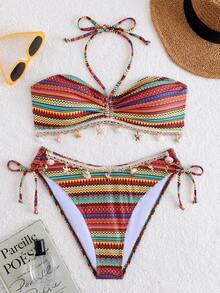 豹纹印花可调节比基尼两件套，女士挂脖泳衣沙滩度假泳装夏季 - 棕色 - 查看 3