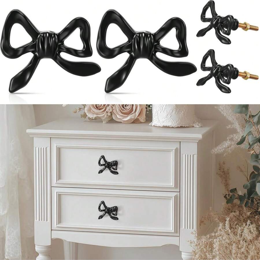 2pcs French Cute Cool Black Bow Knobs For Vanity, Drawer, Door Handles - A - View 1