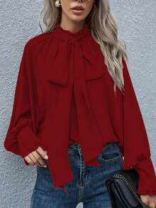 Women's Elegant Solid Color Ruffle Trim Lantern Sleeve Loose Blouse, Suitable For Daily, Office, Commuting Wear - Red - View 2