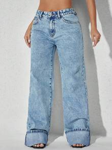 Low Waist Wide Leg Casual Blue Slant Pocket Curved Women Jeans - Baby Blue - View 5