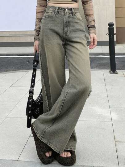 Women's Solid Color Mid-Waist Straight Leg Loose Fit Casual Flared Jeans With Fringe Spring
