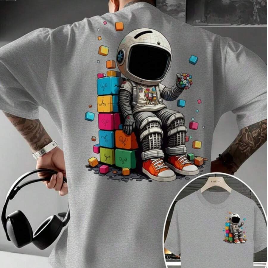 Men's Premium Cotton T-Shirt, Adult Plus Size, Kids Streetwear, Oversized, Astronaut Print, Colorful Cube, Space Style, Casual - 淺灰色 - 查看 1