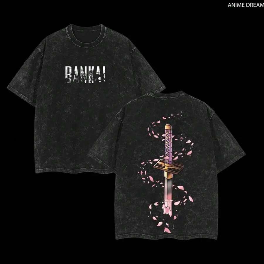 Super Value Hot  T-Shirt Byakuya Kuchiki Bleach Anime Double Printed Vintage Washed Tee Unisex Oversize Anime Manga Washed Heavyweight Cotton T-Shirt, Gift For Anime Fans, Anime Lover Suitable For Gifting To Fans SD0082 - 黑色 - 查看 1