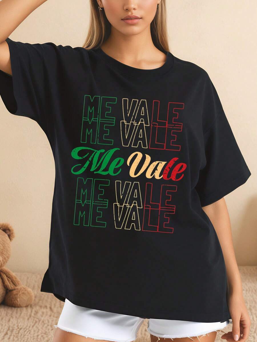 Camiseta con estampado Me Vale en colores de la bandera mexicana para celebración del Día de la Independencia estilo oversize con cuello redondo y manga corta ideal para mujeres en eventos casuales fiestas vacaciones 220g - Negro - Ver 1
