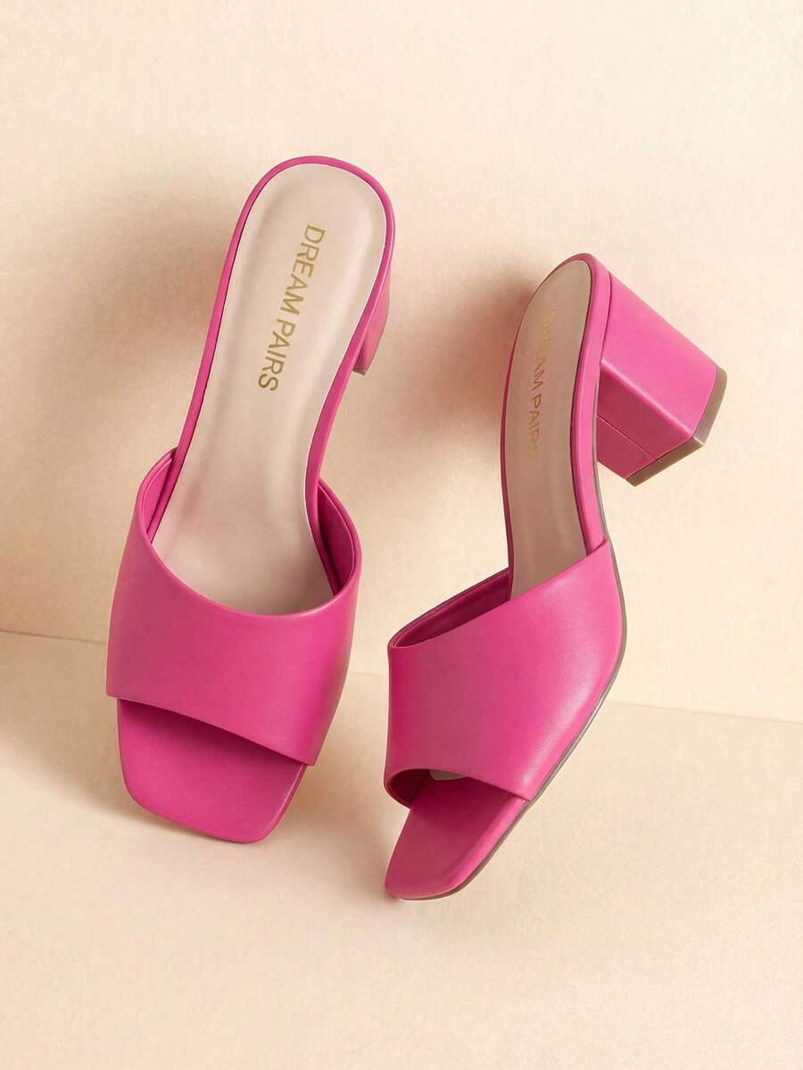 Women Chunky Low Heel Mule Sandals, Comfortable Square Open Toe Slide Sandals Slip On, Versatile Minimalist Chunky Heel Sandals For Summer Spring Casual Wearing - 玫紅色 - 查看 1