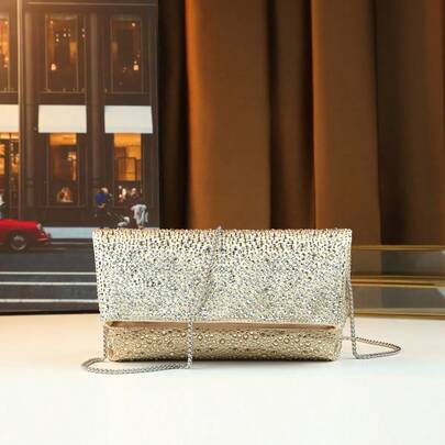 New European & American Elegant Evening Bag, Rhinestone Embellished Flap Cover Large Capacity Shoulder & Crossbody Bag