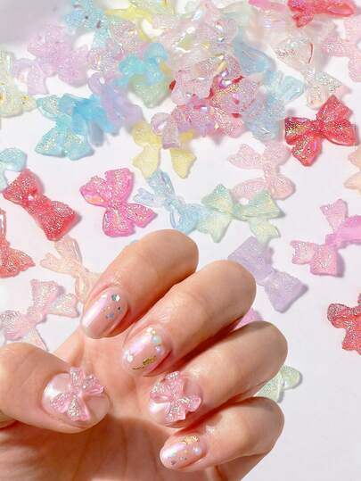 50Pcs 3D Bow Nail Charms Fashion Resin Colorful Dopamine Kawaii Bowknot Ribbon Nail Art Decor Accessories For Acrylic Nails DIY Manicure Design