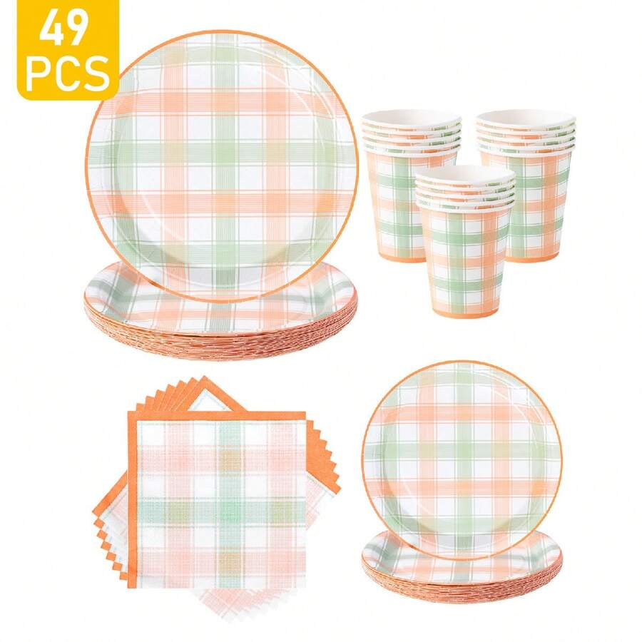 Yellow & Green Checkered Disposable Plates, Napkins, Cups - One-Time Party Supplies Set, Suitable For 8 Guests, Disposable Paper Plates Party Tableware For Birthday, Wedding, Theme Party, Family Picnic - Multicolor - View 1