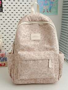 1pc Lightweight Nylon Leopard Print Multi-Compartment Backpack, Zipper Closure, Suitable For Students And Commuting, All Seasons - Pink - View 2