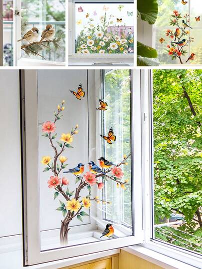 1片花卉鸟类窗贴，适用于婴儿房、儿童房窗户，静电吸附，自然主题窗户装饰，可撕贴可移除墙贴，适用于婴儿卧室，易于粘贴，不留残胶