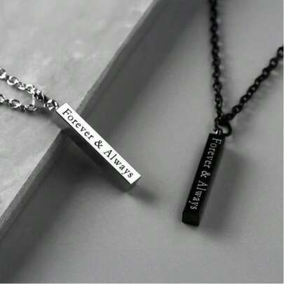 Minimalist Black & White Stainless Steel "Forever & Always" Engraved Rectangular Pendant Couple Necklace (Valentine's Day Gift / His & Hers)