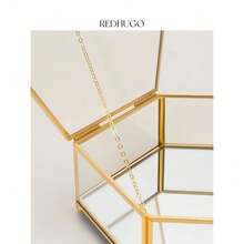 Hexagon Glass Box For Display Handmade, Mirrored Bottom, Brass & HD-Glass Geometric Jewelry Box With Lid For Trinkets, Photos, Books - Multipurpose Keepsake Organizer, Home Decor, Gold - 金子 - 查看 8