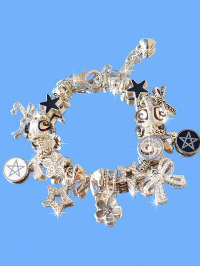 1pc Gothic Style Charm Bracelet, Vortex Pentagram Bracelet, Star Girl Music Festival Bracelet, Dark Style Bow Bracelet