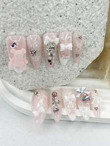 10 Pieces Sweet Cute Girly Snowflake Glitter Diamonds Handmade Press On Nails 3D Teddy Bear Bow Fake Nails Removable Reusable Fake Nails Nail Supplies(1 Sheets Jelly Stickers+1PC Nail File) ﻿ - Pink - View 2