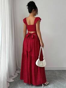 Women's French Elegant Casual Vacation Dress - Square Neck Ruffled Sleeve Polka Dot Pleated Flowy Skirt With Back Tie - 紅色 - 查看 3