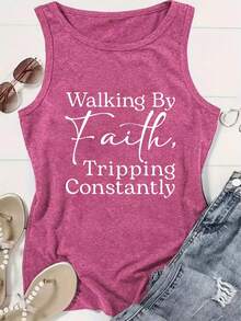 Style Voyage Women's Casual Tank Top With Faith Inspired Graphic Print Walking By Faith Tripping Constantly Message In Elegant Script And Block Letters Soft Comfortable Fit Perfect For Everyday Wear Religious Inspiration Christian Lifestyle Outfits Ideal For Church Events Summer Outings And Daily Activities Vintage Style 180 Cotton Blend Vest - 玫紅色 - 查看 1