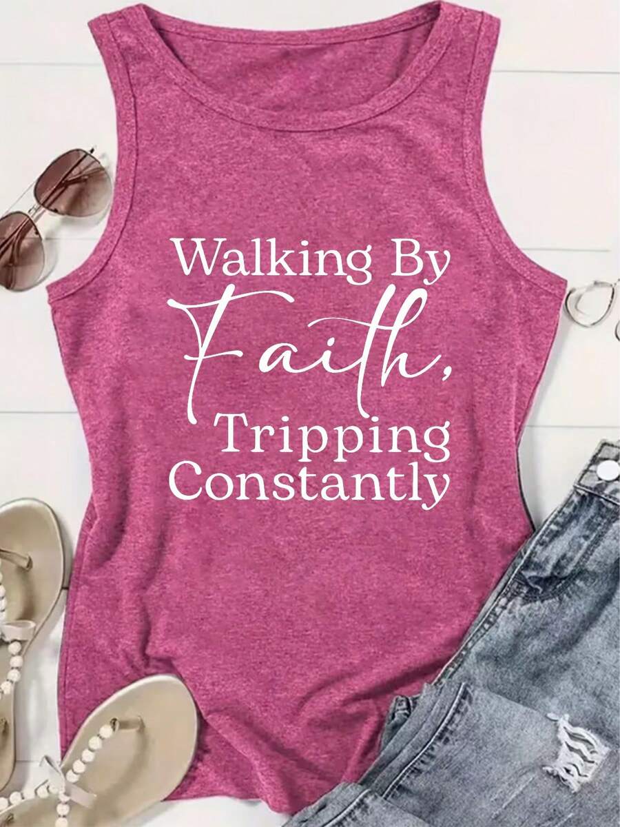 Style Voyage Women's Casual Tank Top With Faith Inspired Graphic Print Walking By Faith Tripping Constantly Message In Elegant Script And Block Letters Soft Comfortable Fit Perfect For Everyday Wear Religious Inspiration Christian Lifestyle Outfits Ideal For Church Events Summer Outings And Daily Activities Vintage Style 180 Cotton Blend Vest - 玫紅色 - 查看 1