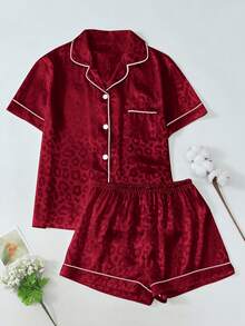2PCS Womens Leopard Print Pajama Sets Pj Set Short Sleeve Button Down Shirt With Shorts - Hot Pink - View 6