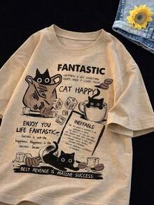 Women's 100% Cotton Cat Fantastic Happy Shirt Cute Cat T-Shirt Premium Line - Màu Khaki - Xem 1