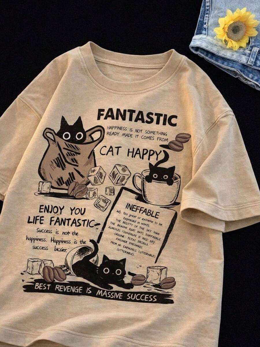 Women's 100% Cotton Cat Fantastic Happy Shirt Cute Cat T-Shirt Premium Line - Màu Khaki - Xem 1