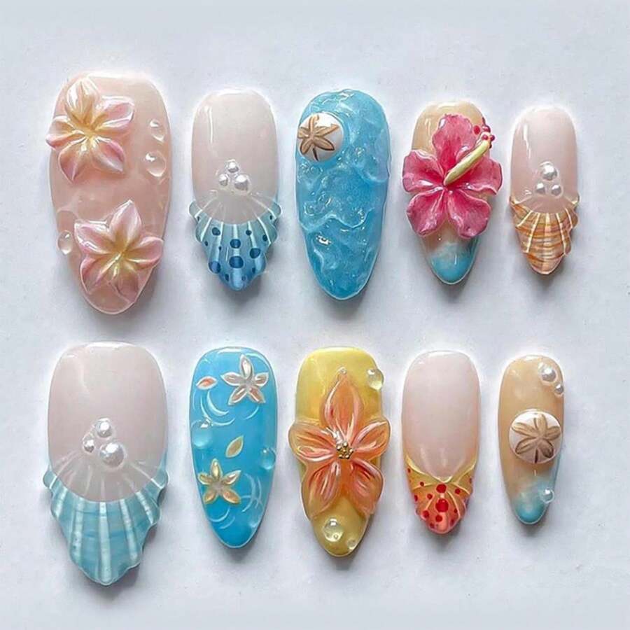 Summer Flower Press On Nails Medium French Tip Fake Nails 3D Pearl Flower Acrylic Nails Tropical Flowers Ocean Style Handmade False Nails Almond Glue On Nail Spring Summer Artificial Nail 30Pcs - Màu A - Xem 1