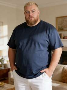 3PCS Plus Size Men Clothes 100 Percent Cotton Summer Clothes Big And Tall Men Streetwear Plus Size Men Solid-Colored T-Shir Summer Tops Perfect For Pairing With Jeans, Sweatpants Or Shorts - 藏青色+藏青色+藏青色 - 查看 2