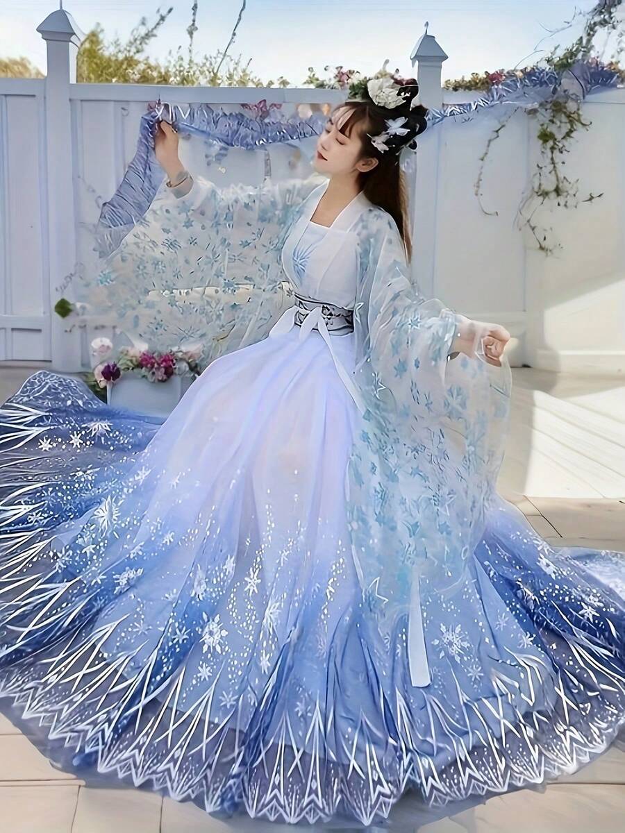 Women's Blue Fairy-Like Hanfu, Classic, Elegant, And Sophisticated, With A Loose Fit.  Four-Piece Chinese Hanfu Set. Traditional Cultural Attire. Suitable For Balls, Graduation Ceremonies, Spring Festival Costume New Year's Celebrations, Parties, And Gatherings. Hanfu For All Seasons. Lady Costume
