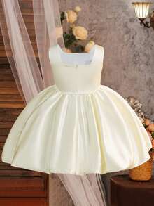 Young Girls' Solid Color Square Neck 3D Floral Satin Elegant Tulle Princess Dress, Suitable For School Party, Birthday, Wedding, No Headband Included - 香檳色 - 查看 3
