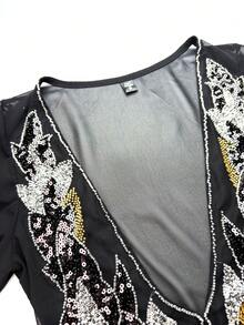 Vestido de noche ajustado de doble capa de gasa con cuello de corazón, manga larga y bordado de lentejuelas [Estampado aleatorio] UNITHORSE para mujer - Negro - Ver 9