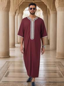 New Middle Eastern Arabic Long Robe With Embroidered Pocket, Muslim Men's Robe - Burgundy - View 1