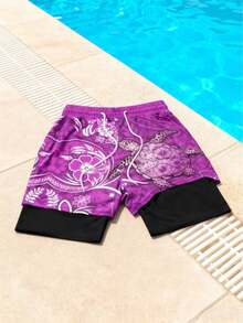 男士海洋生物印花抽绳腰双层沙滩短裤 - 彩色 - 查看 4