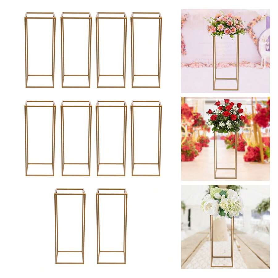 Supporto rettangolare per fiori per matrimoni, set da 10 pezzi composto da tubi triangolari in plastica, porta bouquet lungo 60 cm, tubo quadrato da 10 mm, supporto per fiori per decorazioni da tavola, vasi dorati per fiori per celebrazioni nuziali, supporto per feste - A - Visualizzare 1