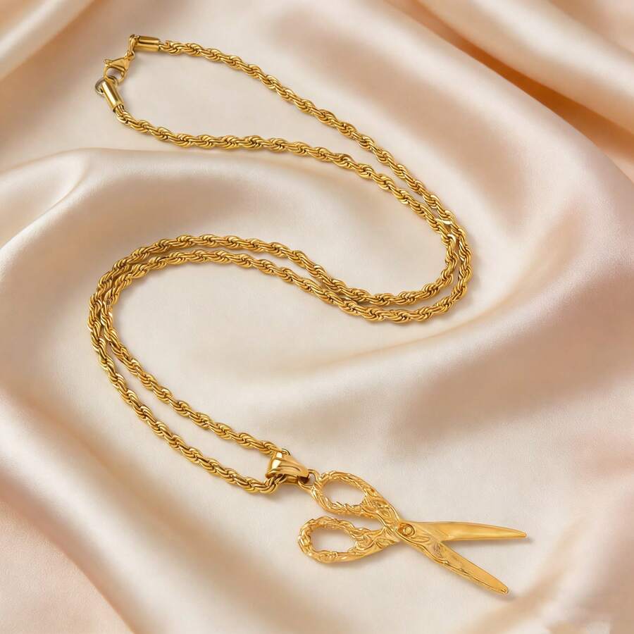 1件复古法式宫廷风18K镀金不锈钢纹理皱纹剪刀吊坠项链，适合女孩、女士日常、派对、宴会、约会、节日佩戴，精致生日礼物 - 金色 - 查看 1