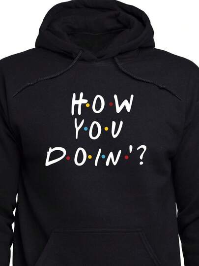 Moletom com capuz "How You Doin' Friends", com citação de Joey Tribbiani, estampa de Matt LeBlanc, unissex, preto, manga longa, com cordão e bolsos, ideal para outono/inverno, em algodão, modelagem clássica, estilo mangá japonês, estilo vintage, unissex, casual, com estampa personalizada, perfeito para festas temáticas de anime japonês, ideal para festas com tema de anime, estilo urbano – presente perfeito para festas e festivais. Ideal para amigos, casais e festas. Conforto para o dia a dia, casual e confortável, estilo urbano, perfeito para usar no dia a dia e nos fins de semana. Nº 048
