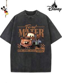 1 New Disney Cotton Washed T-Shirt, Disney Racing Story Die Tow Mater Printing, Round Neck Leisure And Comfortable Cotton Washed T-Shirt, Suitable For Sports And Daily Wear, A Good Choice For Gifts, A Must For Parties, High-Quality Clothing, Suitable For Gifts. - 黑色 - 查看 1