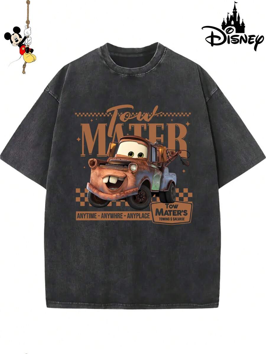 1 New Disney Cotton Washed T-Shirt, Disney Racing Story Die Tow Mater Printing, Round Neck Leisure And Comfortable Cotton Washed T-Shirt, Suitable For Sports And Daily Wear, A Good Choice For Gifts, A Must For Parties, High-Quality Clothing, Suitable For Gifts. - 黑色 - 查看 1