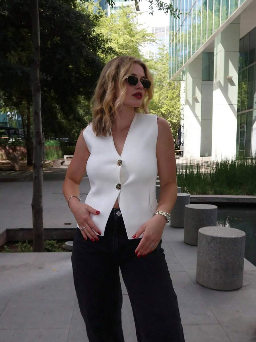 Women's Minimalist Elegant Knit Top, Casual Chic Style, Spring/Summer - White - View 1