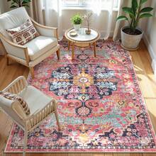 Bohemian Floral Medallion Area Rug - 4x6 Hot Pink Entryway Rug Soft Laundry Room Mat, Non-Slip Machine Washable Nursery Accent Carpet For Dorm Department Kitchen Office, Fuchsia/Multi - Fuchsia/Multi - View 9