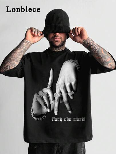 Lonblece American Street Gesture Print Short Sleeve T-Shirt, Summer Loose Fit Dark Style Streetwear Tee For Men