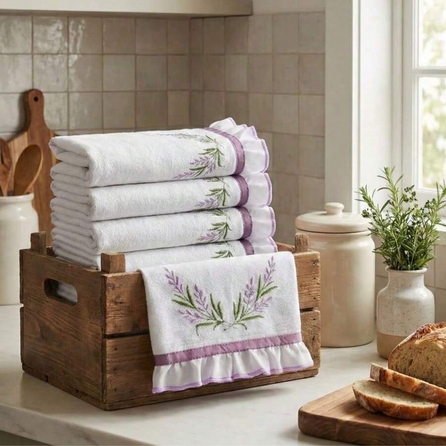 Weekly Dish Towel Set, Embroidered, 7 Pieces, 100% Cotton, Luxury Collection - 紫丁香色 - 查看 1
