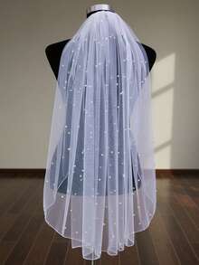 1pc Pearl Bridal Veil, Classic Minimalist Wedding Dress Accessory, Waist Length - Multicolor - View 10