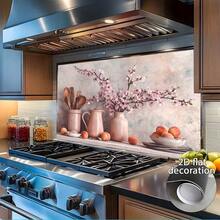 这款2D墙贴描绘了一瓶插满粉色鲜花和水果的花瓶，摆放在桌上。画面逼真，营造出优雅宁静的氛围。这款PVC材质的厨房墙贴易于粘贴。 - 款式1 - 查看 3