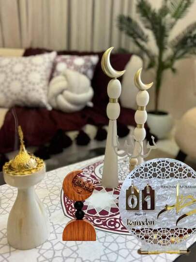 1pc Acrylic Islamic Crescent Moon Geometric Hollow Home Decor Tabletop Ornament & Display Stand, Waterproof, Moisture-Proof, Easy To Clean, DIY Ramadan Themed Dining Table Decorative Art Piece. Creates Holiday Atmosphere For Restaurant, Kitchen, Living Room, Study, Bedroom, Classroom And Office.