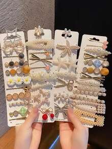 Bộ kẹp tóc đính đá và ngọc trai mới, phụ kiện tóc dễ thương cho tóc mái và tóc bên, đồ trang trí tóc cho nữ, ghim cài tóc. - Nhiều màu - Xem 1