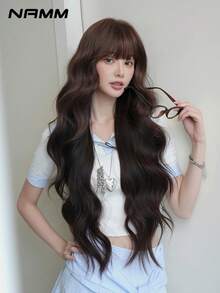 NAMM 32英寸棕色超长波浪假发，女士款，蓬松波浪卷发带刘海，全机织合成纤维假发，适合日常办公、音乐节派对、角色扮演等场合佩戴 - 樱花庆典魅力派对街头风摄影 - 女孩礼物假发配件 - 黑棕色 - 查看 5