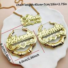 [Customization] 2 Pieces Set Of Customized Acrylic Name Earrings/Necklaces With Shiny Heart-Shaped Design, Personalized Double-Layer English Letter Name Women's Pendant/Earrings, Perfect For Parties And Birthday Gifts, Women's Jewelry Set, Cuban Chain - Multicolor - View 4