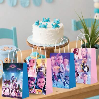 12 piezas Bolsas de papel con diseños de anime y K-pop, bolsas de regalo de papel kraft con dibujos animados, bolsas de envoltura para regalo de cumpleaños