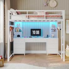 Cama alta Twin, Cama alta Twin con escritorio y luces LED, Estación de carga y estantes de almacenamiento, Base de cama de metal resistente con protección y escalera, No necesita somier, ahorra espacio - Blanco - Ver 8